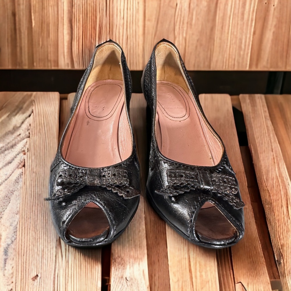 MIU MIU 38 stacked heel oxford black w/bow leather office interview dressy 7.5 B